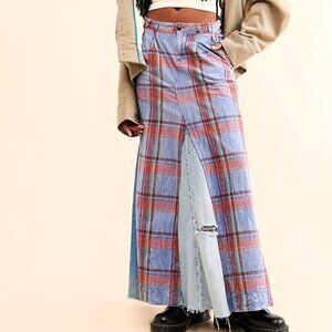 Tricia Fix x Anthropologie Plaid Denim Skirt Size 8